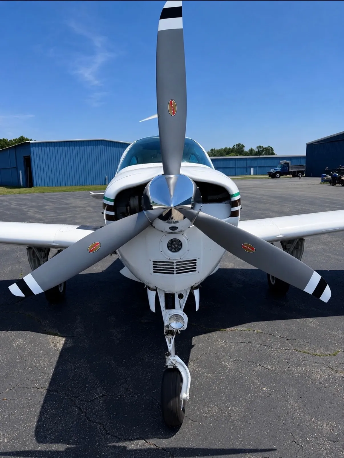 Front view of the same propeller aircraft after detailing