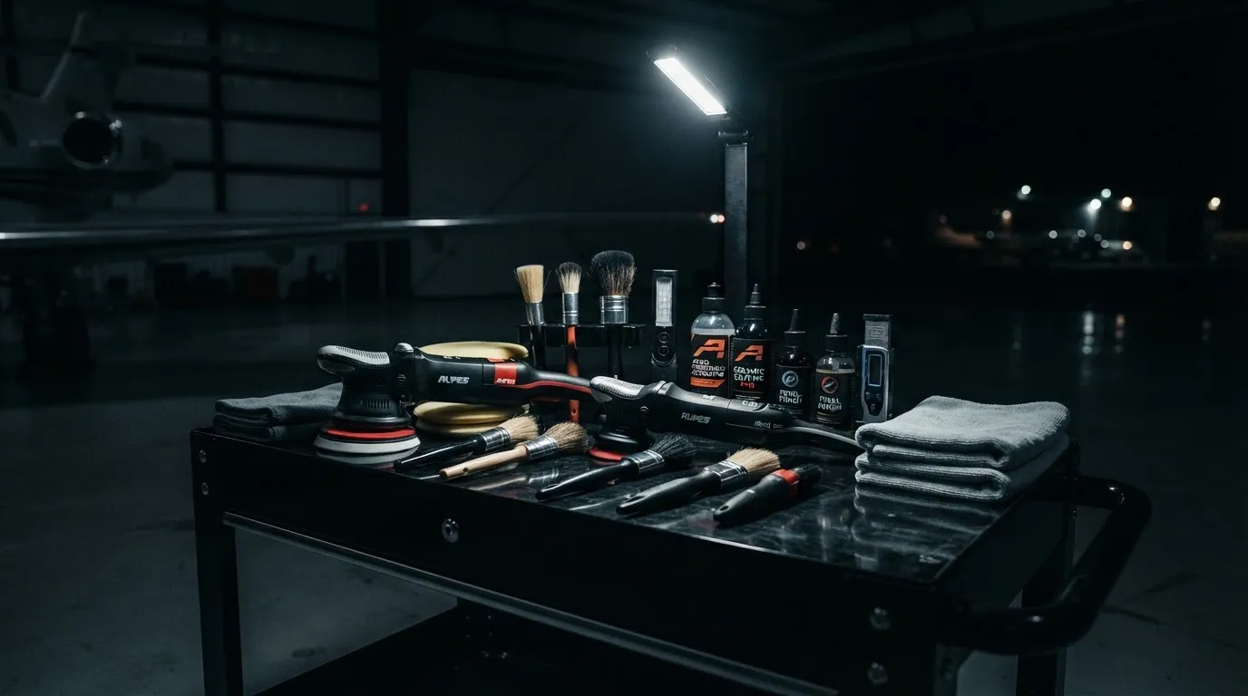 Professional detailing equipment staged in a hangar — placeholder imagery, not a photo of the APD founders
