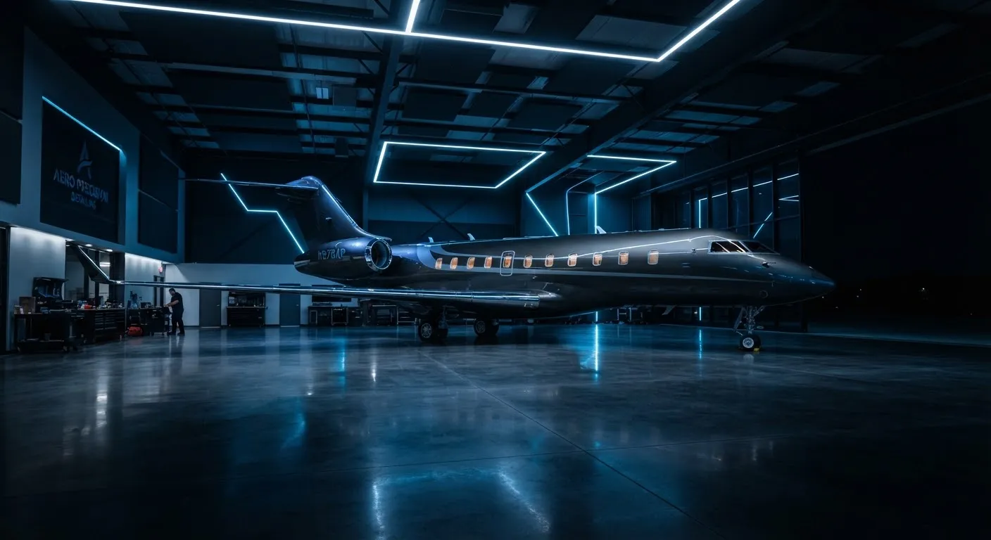 Business jet staged in a dim hangar — representative imagery